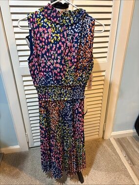 Nanette Lepore Navy Floral Pleated Midi Dress with Pink Yellow & Orange Accents